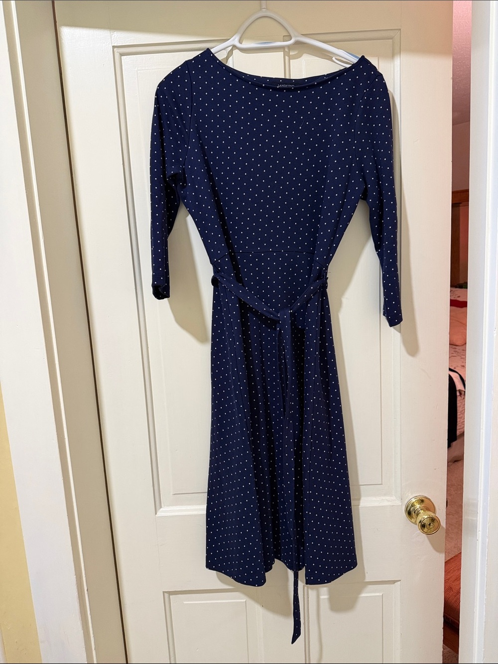 Lands' End Navy Polka Dot Midi Dress with Tie Belt